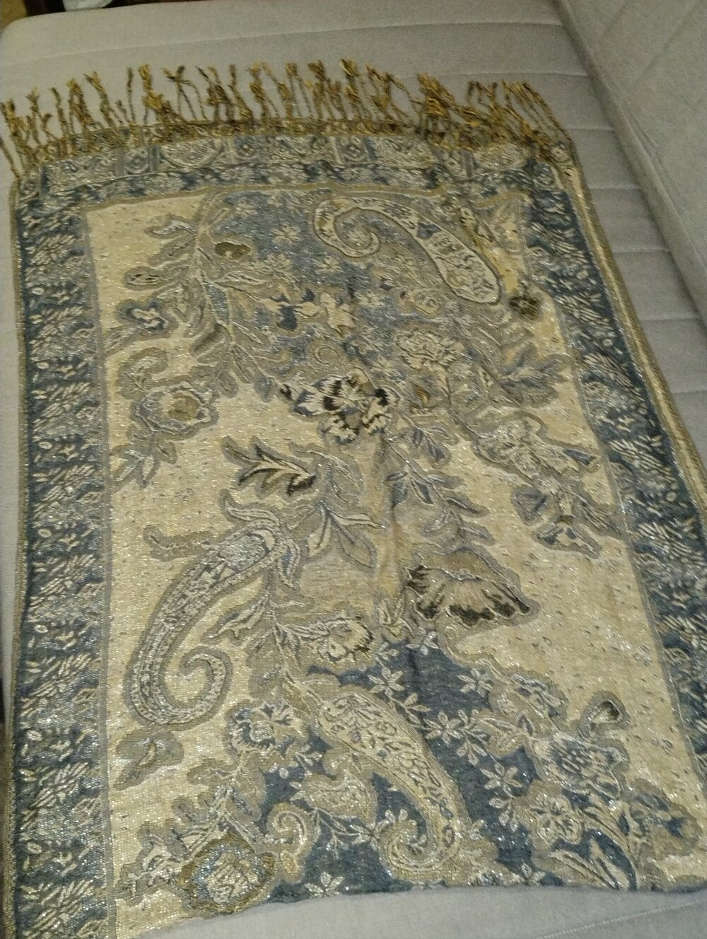 Vintage Metallic Gold & Steel Blue Paisley Pashmina Scarf Wrap Fringe